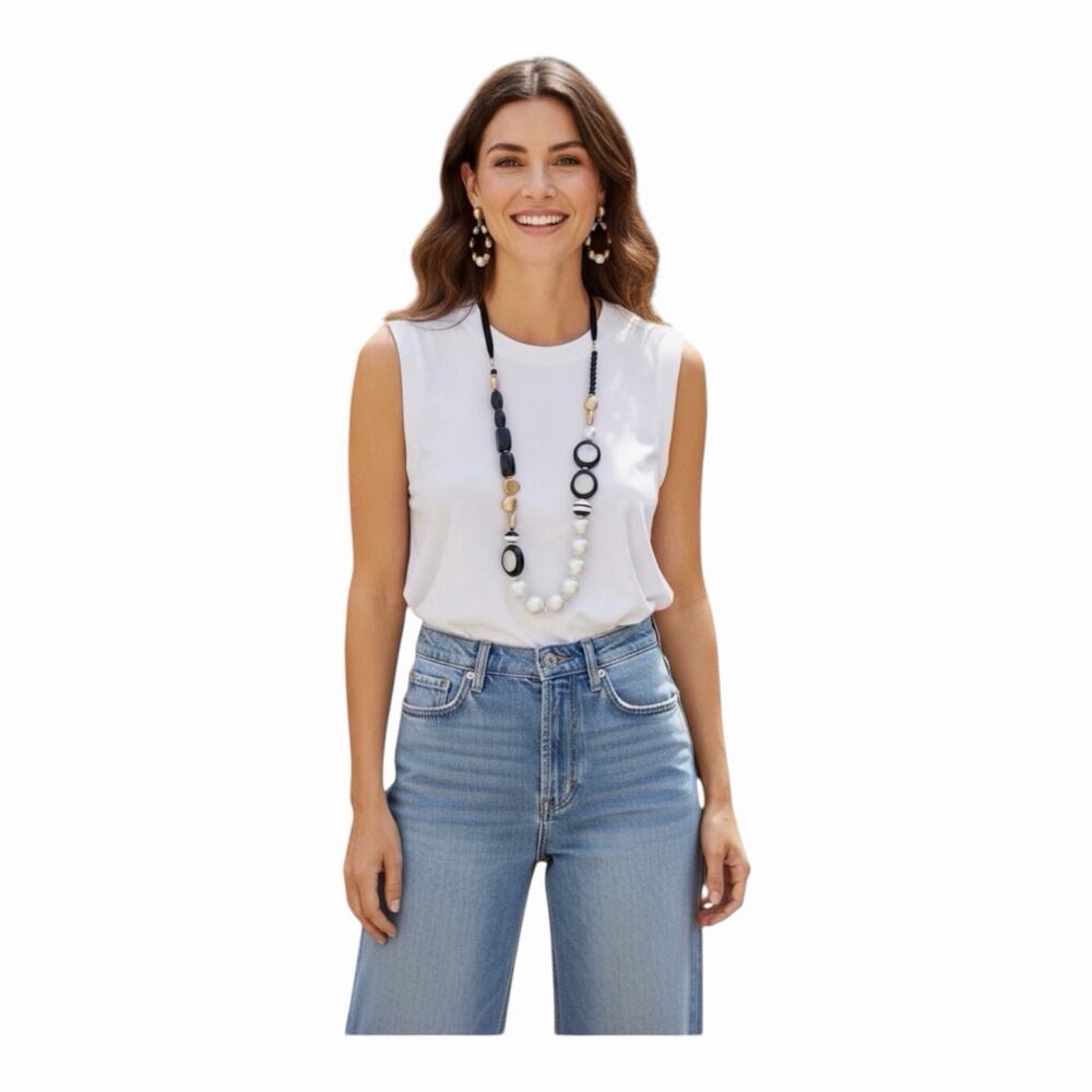 Chico’s Black White Gold Statement Necklace Earrings Set Chunky Beaded Jewelry